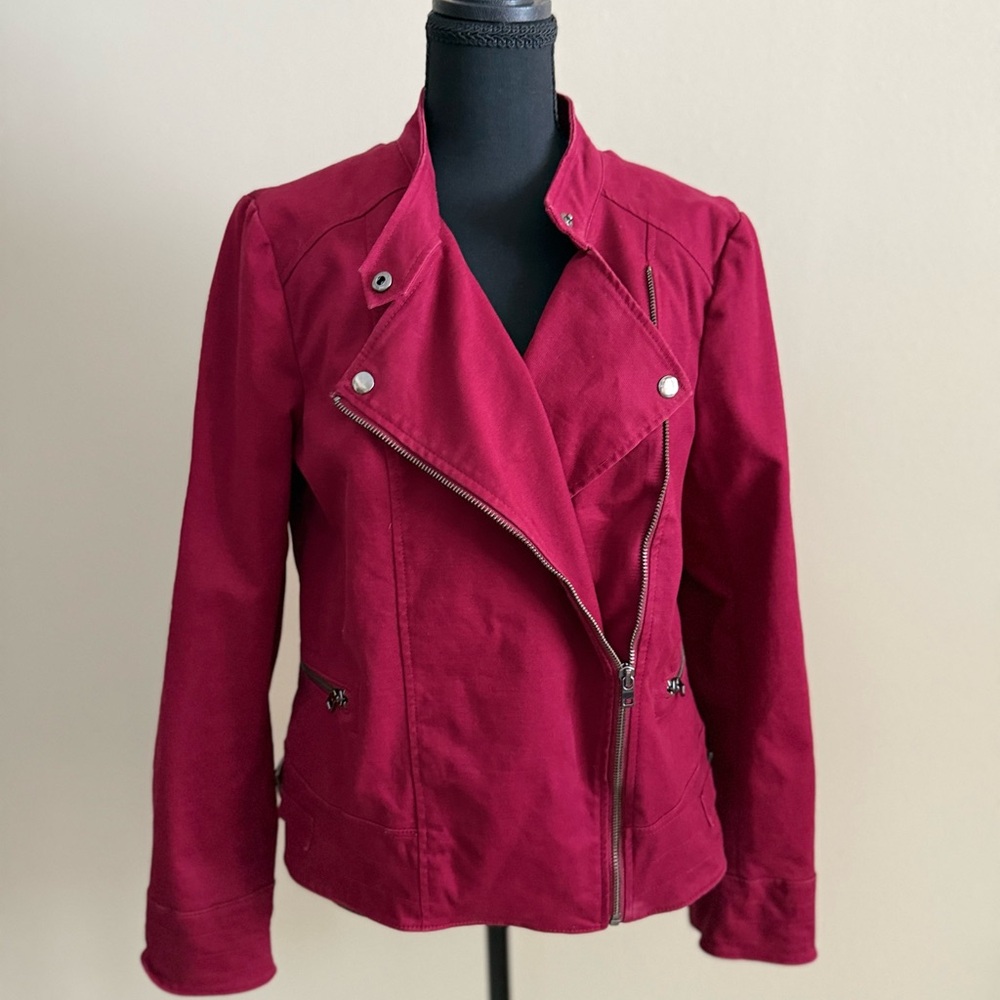 Banana Republic Burgundy Moto Jacket Women M Wine Red Asymmetrical Zip